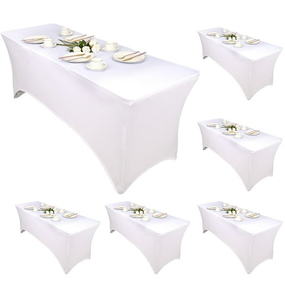 Pesonlook 6 Pcs 6 Ft Stretch Spandex Tablecloth Rectangular Stretchable Patio Table Cover for Standard Folding Tables Fitted Cocktail Tablecloth Protector for Wedding, Banquet(White)