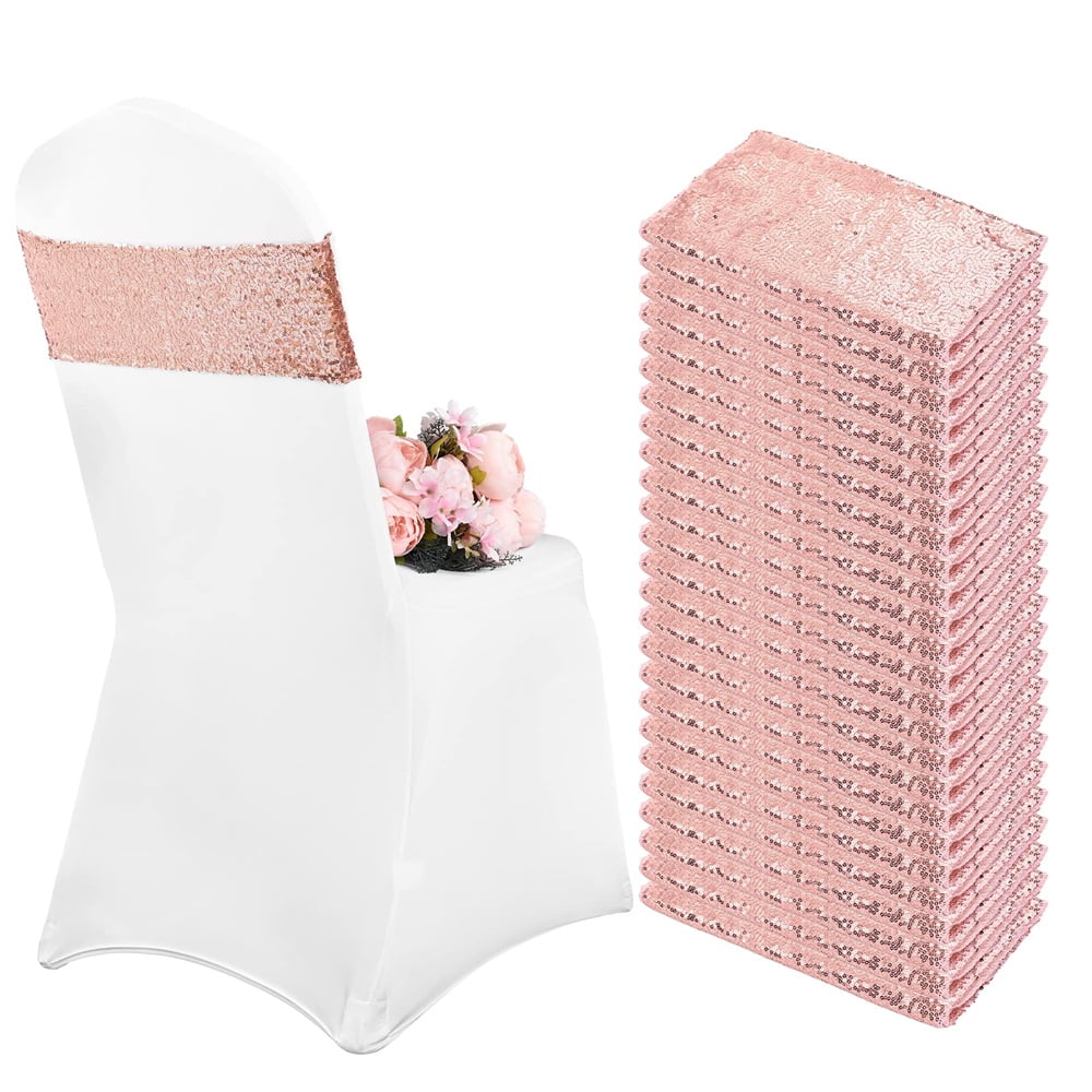 Pesonlook 60Pcs Stretch Sequin Chair Sashes Rose Gold Chair Bands One