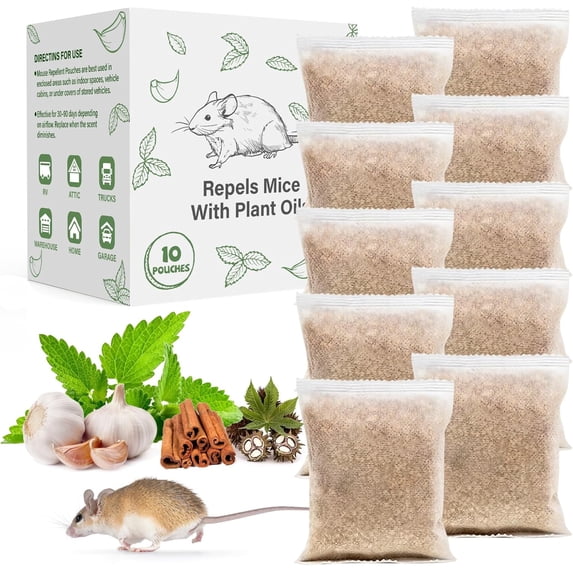 Pest Repellent Pouches, 10 Pack Peppermint Oil for Mice, Rodent, Mouse, Rats, Spider, Squirrel, Control Indoor & Outdoor, Natural Mouse Deterrent Replace Traps Family Pet Safe