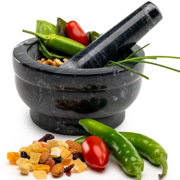 Pestle and Mortar - Solid Black Marble Herbs & Spice Grinder - Natural Stone Mortar and Pestle Set to Cook Like a Chef - Smooth Polished Outside for Comfortable Grip