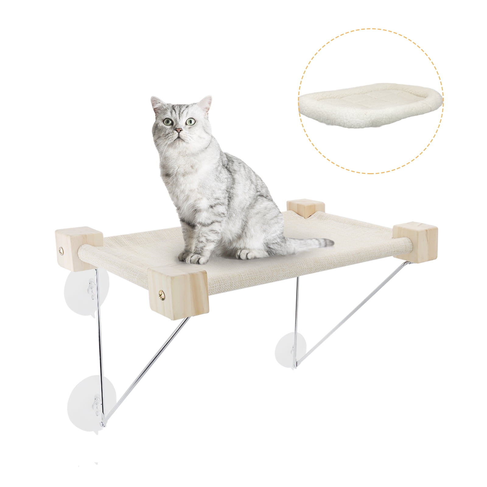 Pet 2022 Upgraded Cat Window Perch, Cat Window Hammock Holds Cat Up to 40 Lbs with Solid Wood Frame & Iron Bracket, Window Seat for Indoor Cats with Removable Soft Seat Cushion， Beige