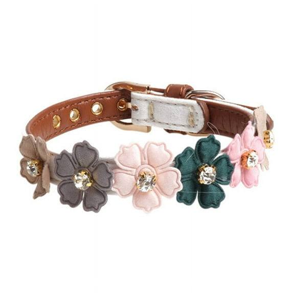 Pet Adjustable PU Collar for Small Medium Dogs Shiny Lovely Colorful Flowers with Shiny Diamonds
