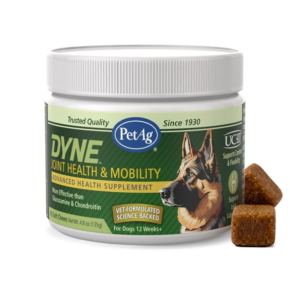 PetAg Dyne Joint Health & Mobility Soft Chews for Dogs – Advanced Collagen Formula with UC-II Collagen, up to 4X More Effective Than Glucosamine and Chondroitin Alone – 45 Chicken Liver Flavor Chews