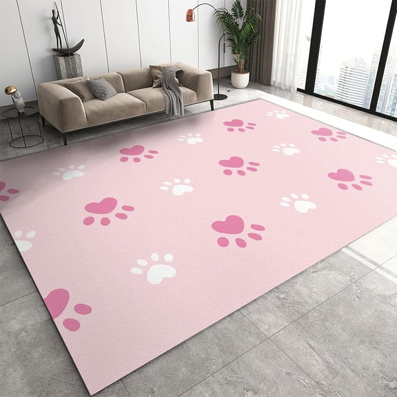 Pet Animal Paw Prints Area Rug, Pink Background Pattern Bedroom Rugs, Large Machine Washable Non Slip Carpet for Bedroom Dining Room Home Office 2' x 3'