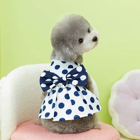 Pet Apparel Bow Harness Dress for Small Dogs and Cats Lightweight Polka Dot Pleated with D Ring, 30 cm, White