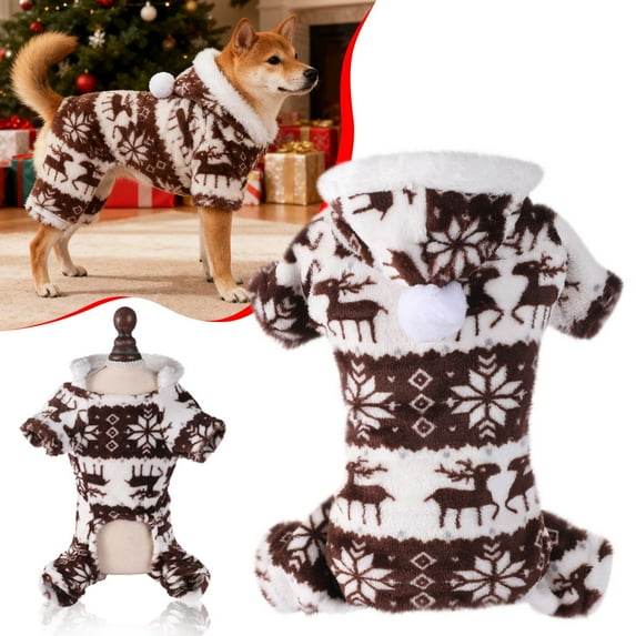 Pet Apparel, Christmas Fleece Dog Pajamas, 4-Legs Warm Winter Dog Jumpsuit with Holiday Pattern, Soft Cute Pet Apparel for Small Dogs Puppies