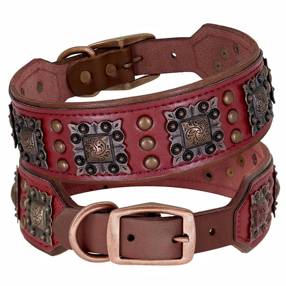 Pet Artist 2 Inch Wide Dog Collars Retro Studded Real Leather Large Pet Collars Heavy Duty Rottweiler L XL XXL