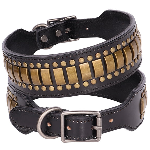Pet Artist 2-Inch Wide Retro Studded Dog Collar - Genuine Leather, Rivet Heavy Duty, Adjustable for Large Dogs