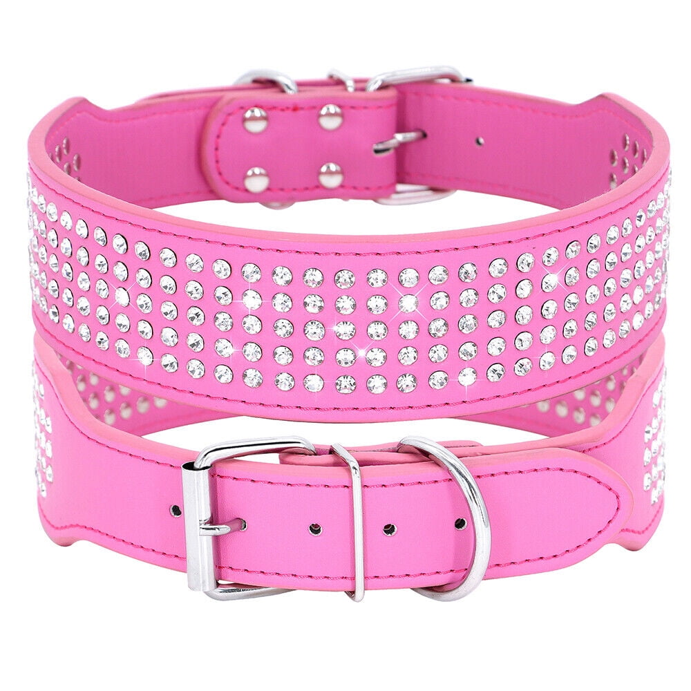 Rhinestone PU Leather Dog Collars 5 Row Diamante Bling for Large Dogs 5cm wide - Size Green-l