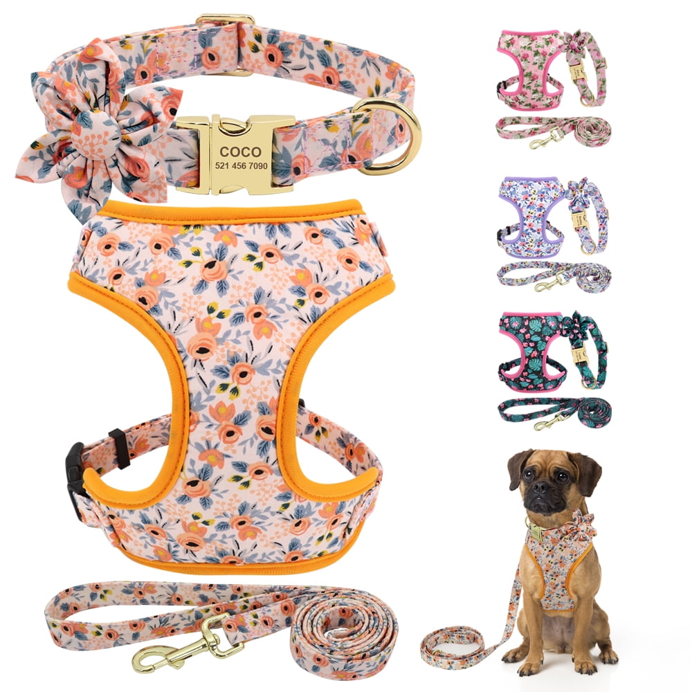 Pet Artist 3pcs Floral Nylon Dog Harness Vest and Leash and Collar set Custom Personalized for Pets