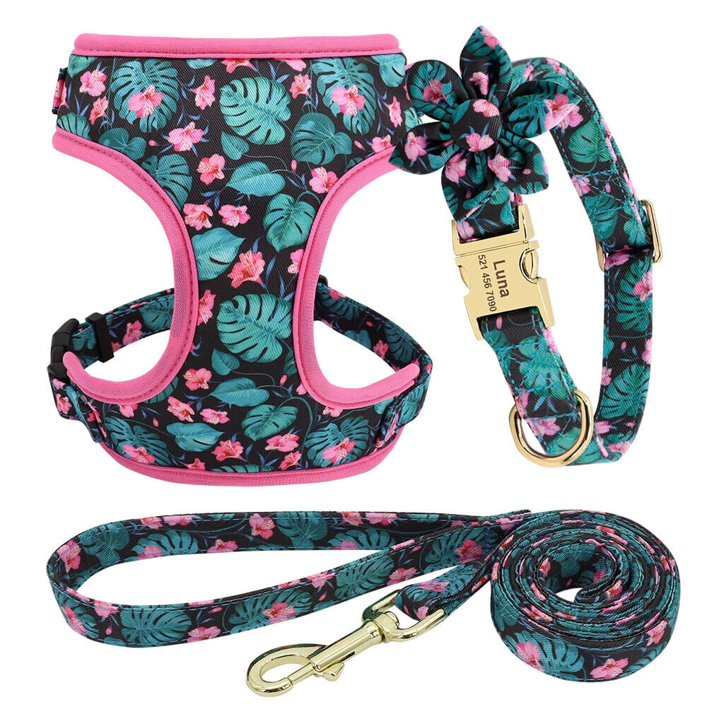 Pet Artist 3pcs Floral Nylon Dog Harness Vest and Leash and Collar set Custom Personalized for Pets