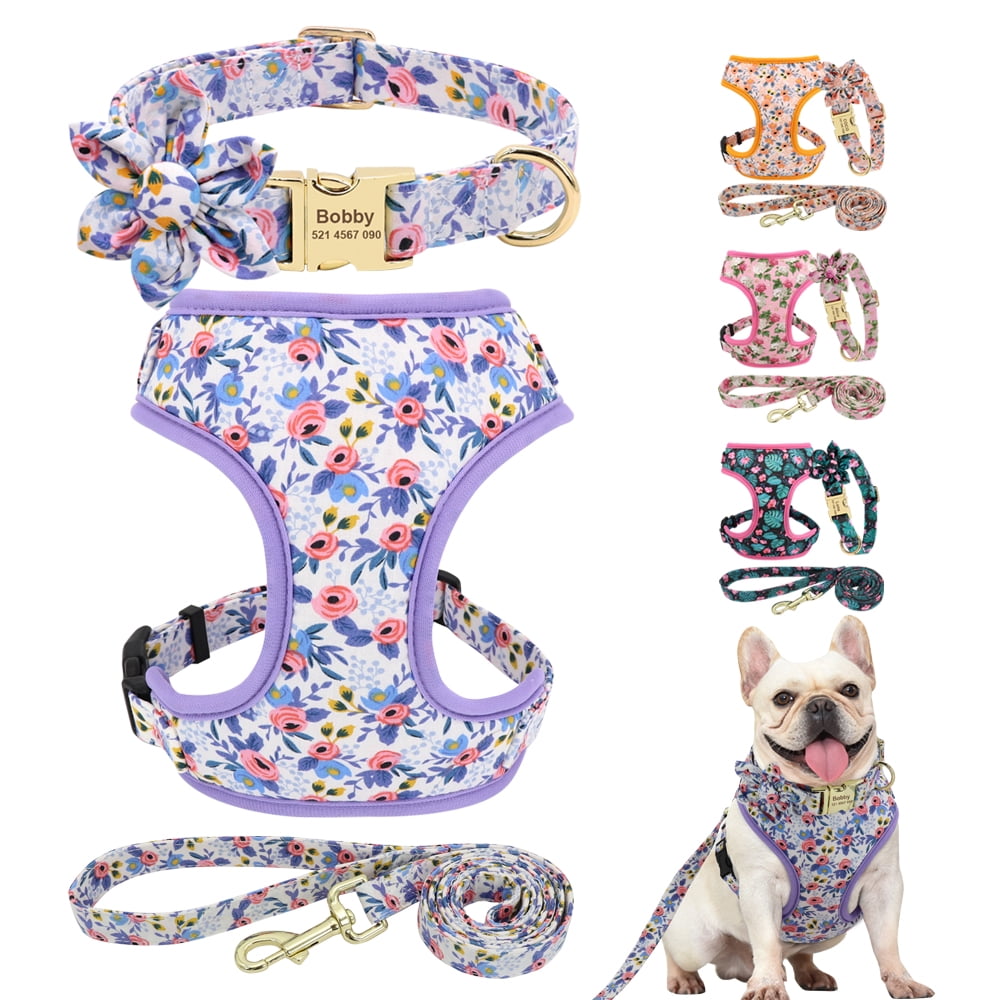Pet Artist 3pcs Floral Nylon Dog Harness Vest and Leash and Collar set Custom Personalized for Pets