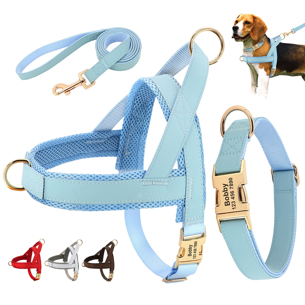 Pet Artist 3pcs Personalized Dog Harness & Collar & Leash set Metal ID Name Metal Buckle Mesh Padded Adjustable