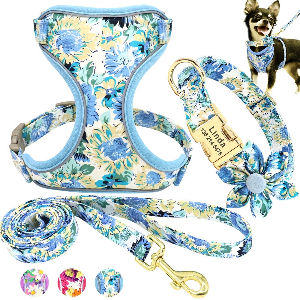 Pet Artist 3pcs Printed Dog Harness and leash and Personalized Dog Collar Set Custom Engraved