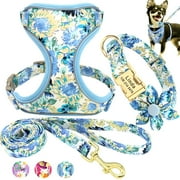 Pet Artist 3pcs Printed Dog Harness and leash and Personalized Dog Collar Set Custom Engraved