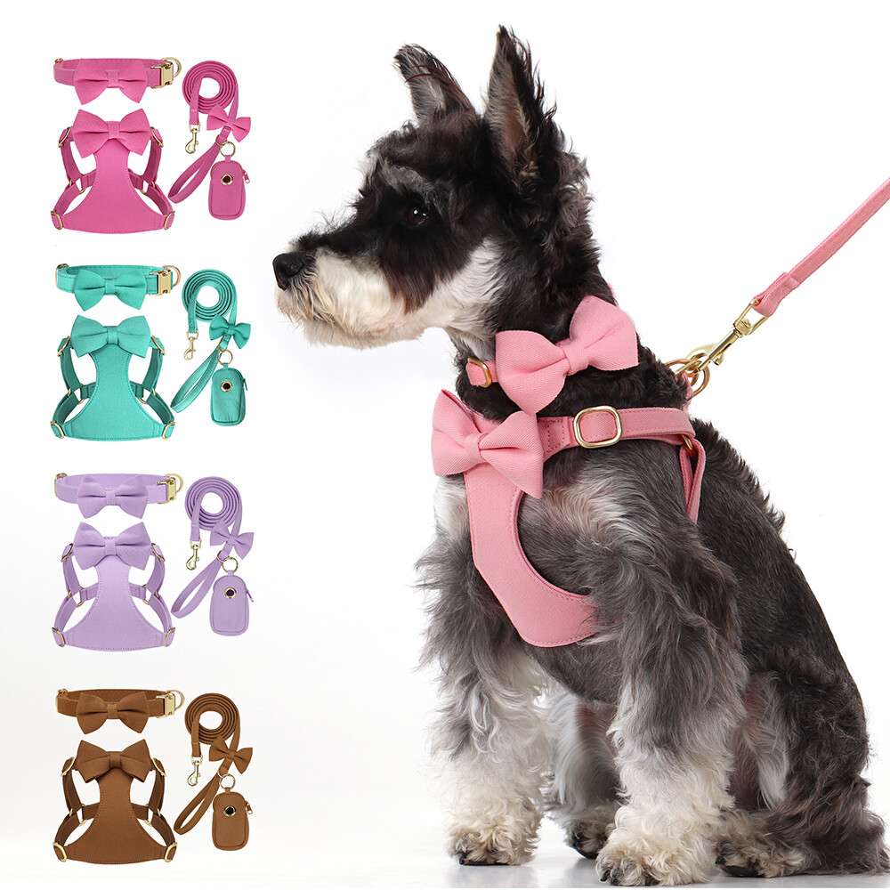 Pet Artist 4pcs Cute Bowtie Dog Harness and Collar and Leash and Poo Bag Holder Adjustable Pet Puppy Cat Vest
