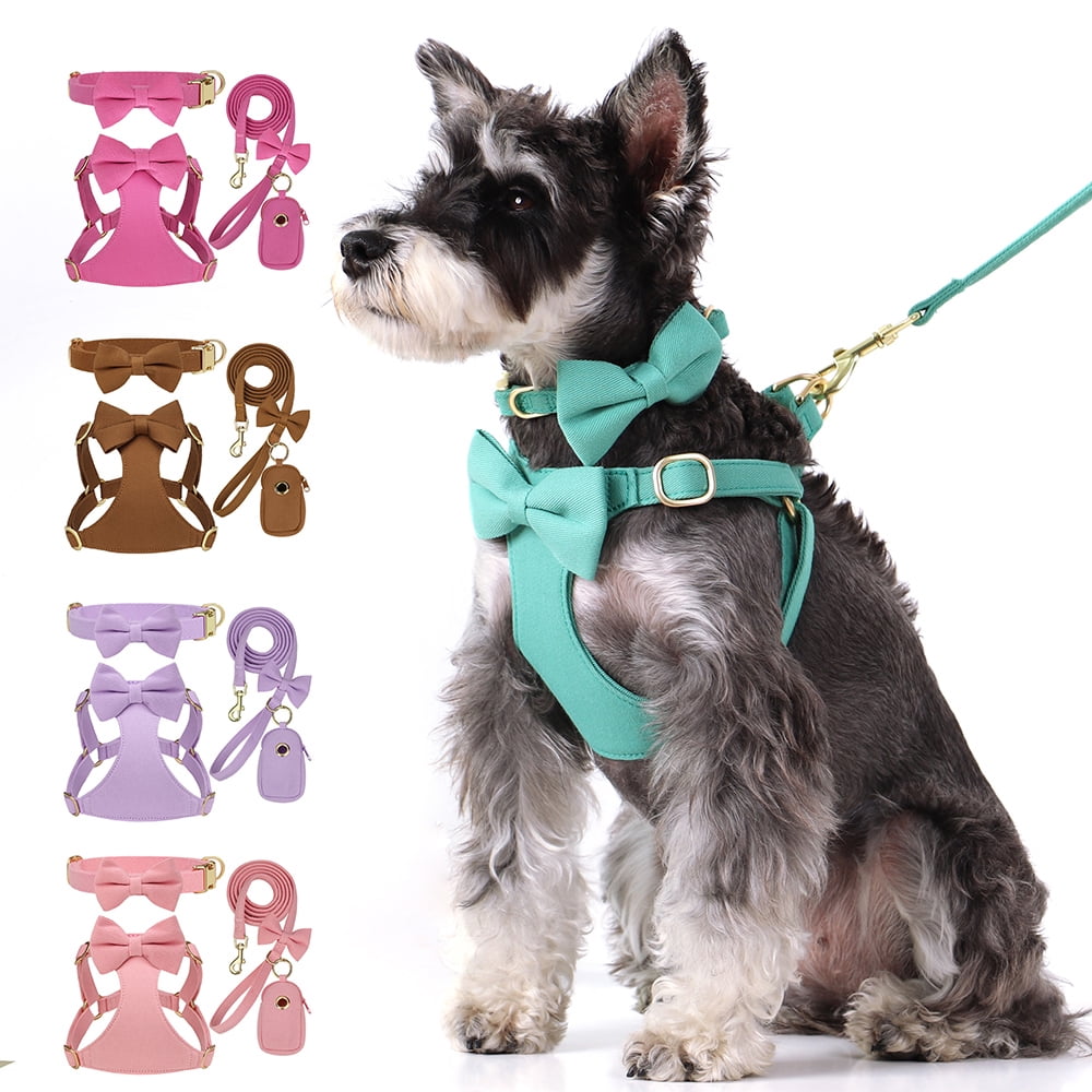 Pet Artist 4pcs Cute Bowtie Dog Harness and Collar and Leash and Poo Bag Holder Adjustable Pet Puppy Cat Vest