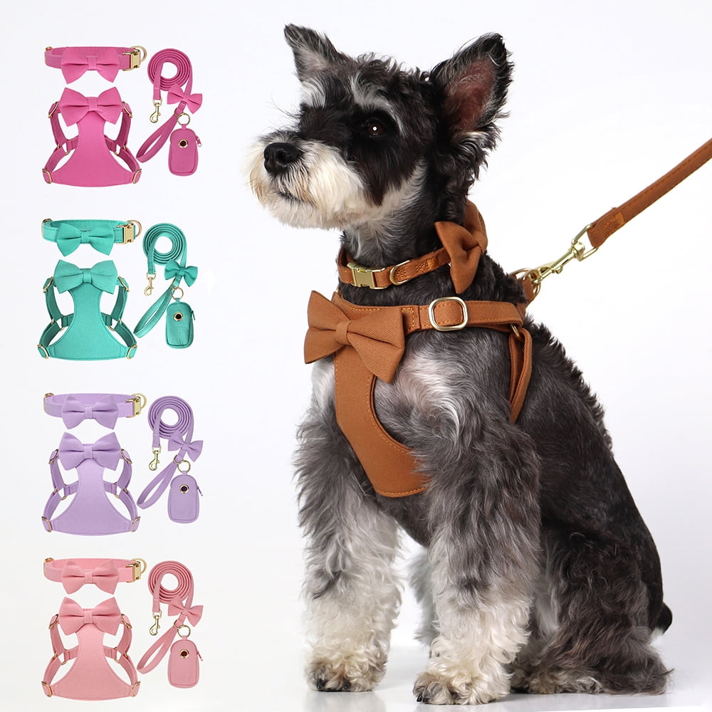 Pet Artist 4pcs Cute Bowtie Dog Harness and Collar and Leash and Poo Bag Holder Adjustable Pet Puppy Cat Vest