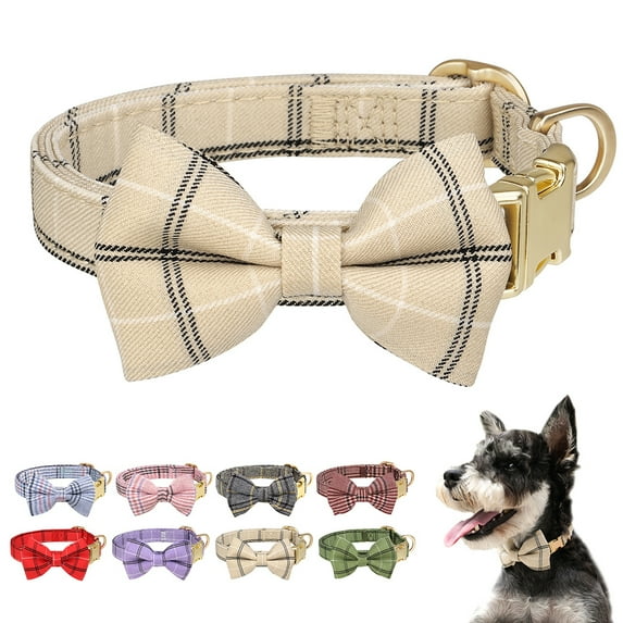 Pet Artist Adjustable Dog Collar with Cute Bow Tie - Fashion Plaid Pet Neck Strap for Puppy & Cat with Metal Buckle, Multiple Colors & Sizes