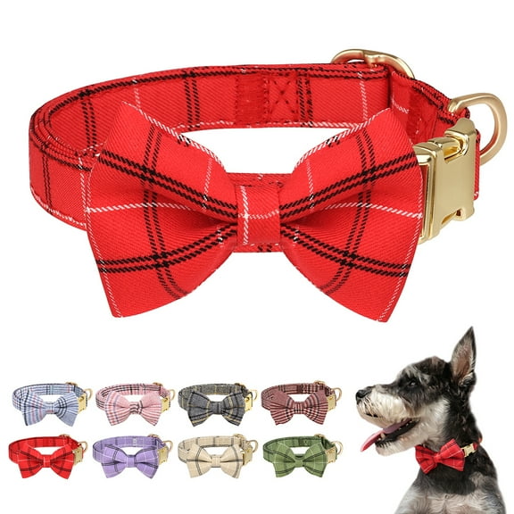 Pet Artist Adjustable Dog Collar with Cute Bow Tie - Fashion Plaid Pet Neck Strap for Puppy & Cat with Metal Buckle, Multiple Colors & Sizes