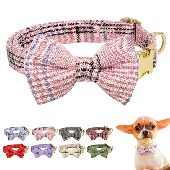 Pet Artist Adjustable Dog Collar with Cute Bow Tie - Fashion Plaid Pet Neck Strap for Puppy & Cat with Metal Buckle, Multiple Colors & Sizes