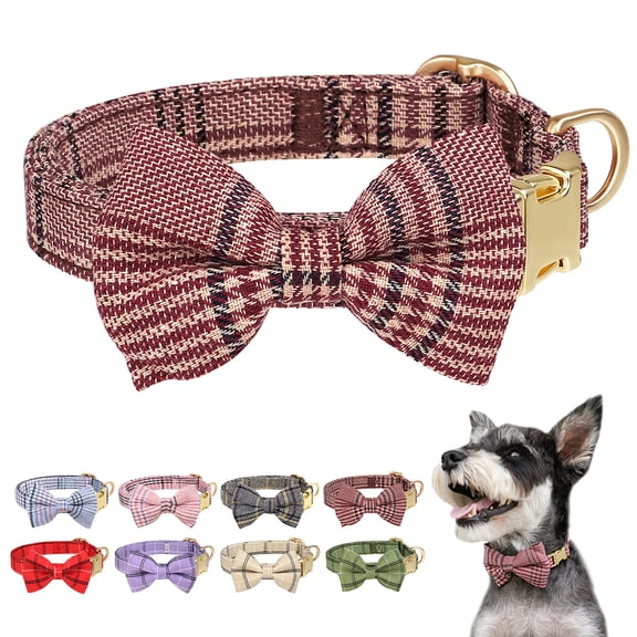 Pet Artist Adjustable Dog Collar with Cute Bow Tie - Fashion Plaid Pet Neck Strap for Puppy & Cat with Metal Buckle, Multiple Colors & Sizes