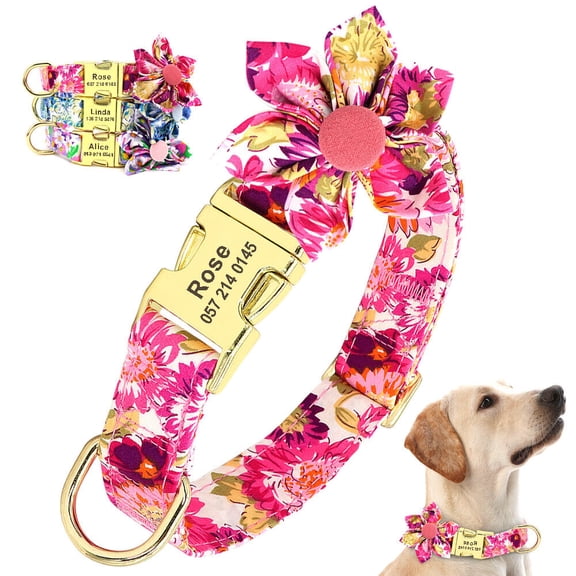 Pet Artist Big Flower Dog Personalized Collar Nylon Customized Pet ID Name Number Engraved S-L