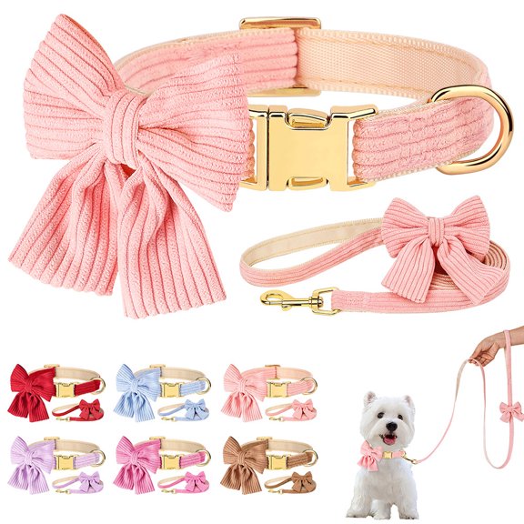 Pet Artist Bow tie Dog Collar with Leash set Soft & Comfy Velvet Pet Puppy Collar Adjustable