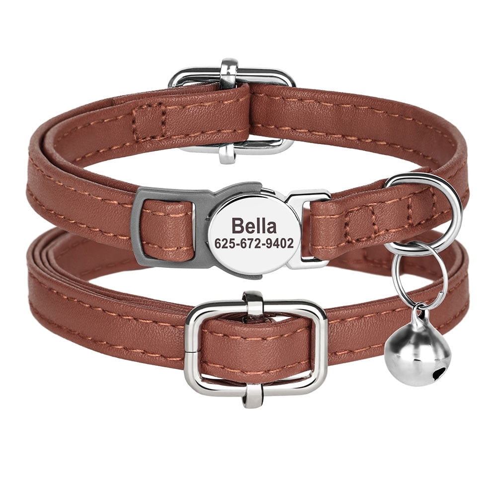Personalized Engraved Cat Collar With Bell & ID Tag - Adjustable Leather Collar For Kittens Or Small Dogs