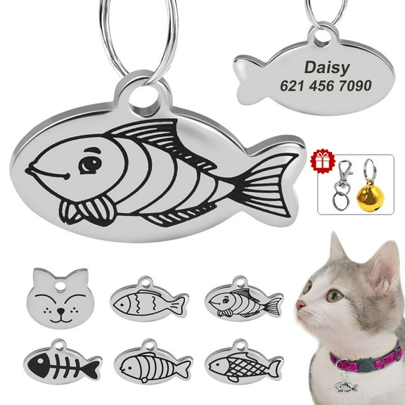 Pet Artist Cat Head/Fish Shape Engraved Cat Tags Small Personalised Kitten Pet ID Name Tag