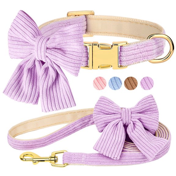 Pet Artist Comfy Corduroy Dog Collar with Cute Bowtie and Matching Leash set Adjustable Girl & Boy Dog Pet Puppy Necklace