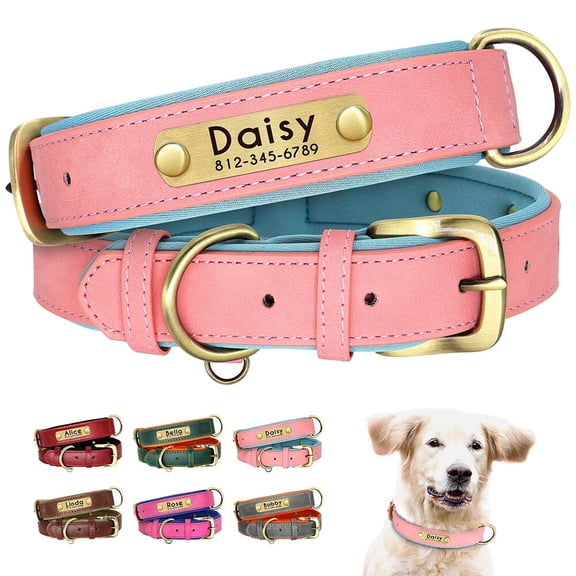 Pet Artist Custom PU Leather Dog Collar Personalized Adjustable Pet Name Number Engraved Soft Padded