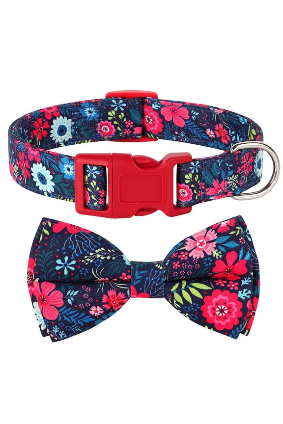 Cute Floral Dog Collars with Detachable Bow Tie Quick Fit Buckle Adjustable for Small Medium Dogs French Bulldog