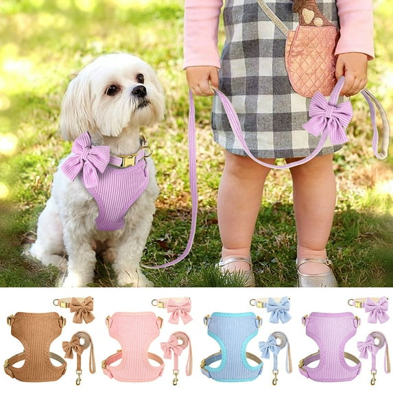 Pet Artist Cute Girl Dog Harness and Leash and Bowtie Collar Set Soft Corduroy Adjustable Puppy Pet Cat Vest Yorkie