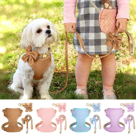 Pet Artist Cute Girl Dog Harness and Leash and Bowtie Collar Set Soft Corduroy Adjustable Puppy Pet Cat Vest Yorkie