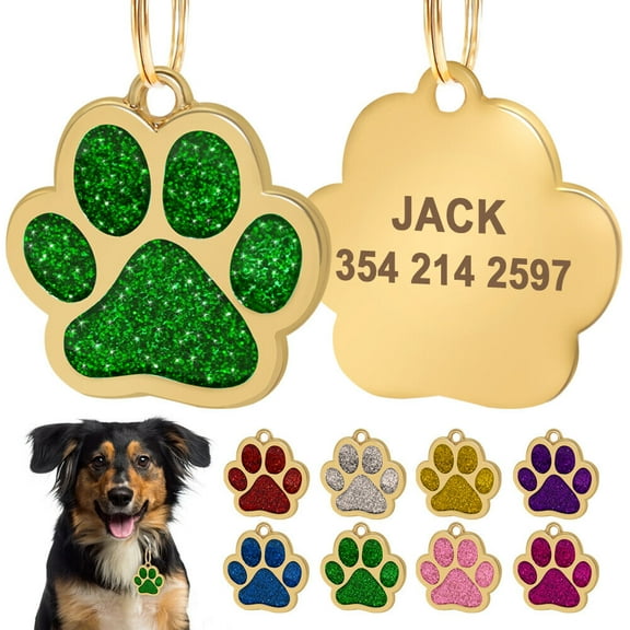 Pet Artist Cute Personalized Dog Cat ID Tag Glitter Paw Print Pet Collar Disc Name Engraved