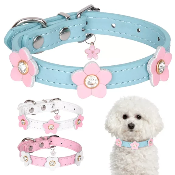Pet Artist Dog Collar with Flowers, Fancy Pretty Floral Faux Leather Cute Girl Puppy Collar for Xs Small Medium Breed Tiny Pet Female Dogs Cats