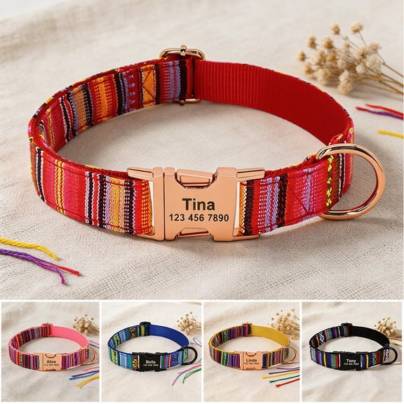 Pet Artist Ethnic Style Personlized Nylon Dog Collar Pet Name ID Metal Buckle Engraved Free Adjustable for Small Dogs,Red,S