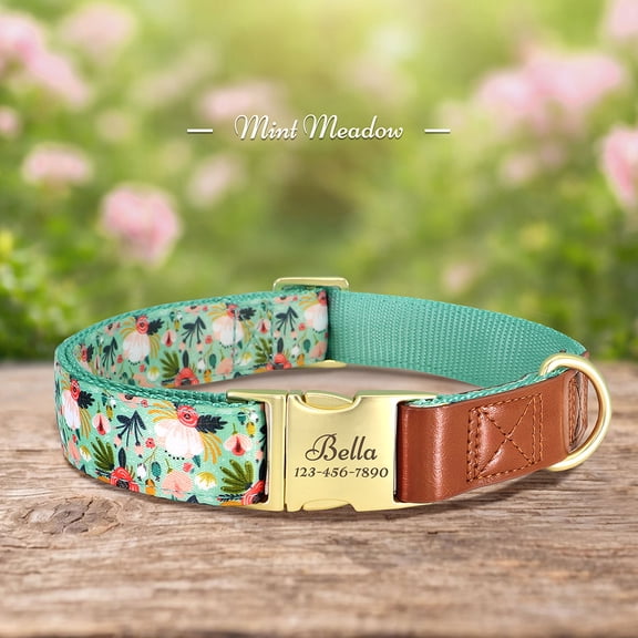 Pet Artist Fancy Floral Personalized Dog Collar Soft Fabric Pet Puppy Customized Metal Buckle Name Number Engraved Adjustable for Small Dogs