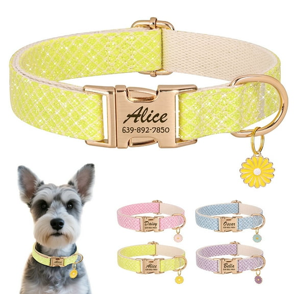 Pet Artist Fancy Sequin Personalized Dog Collars Custom Pet Puppy Cat Name Engraved ID Tag Gold Buckle with Cute Flower Pendent