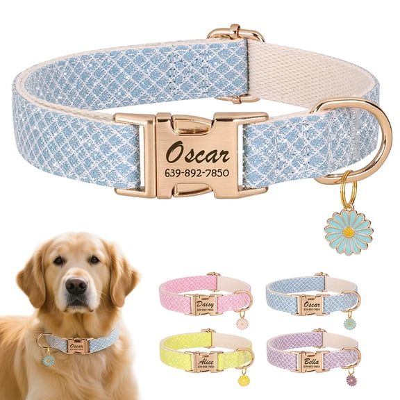 Pet Artist Fancy Sequin Personalized Dog Collars Custom Pet Puppy Cat Name Engraved ID Tag Gold Buckle with Cute Flower Pendent
