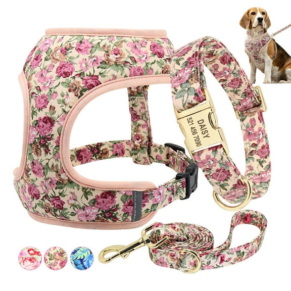 Pet Artist Floral Dog Harness Collar and Leash set With Custom Personalized Metal Buckle ID Nameplate