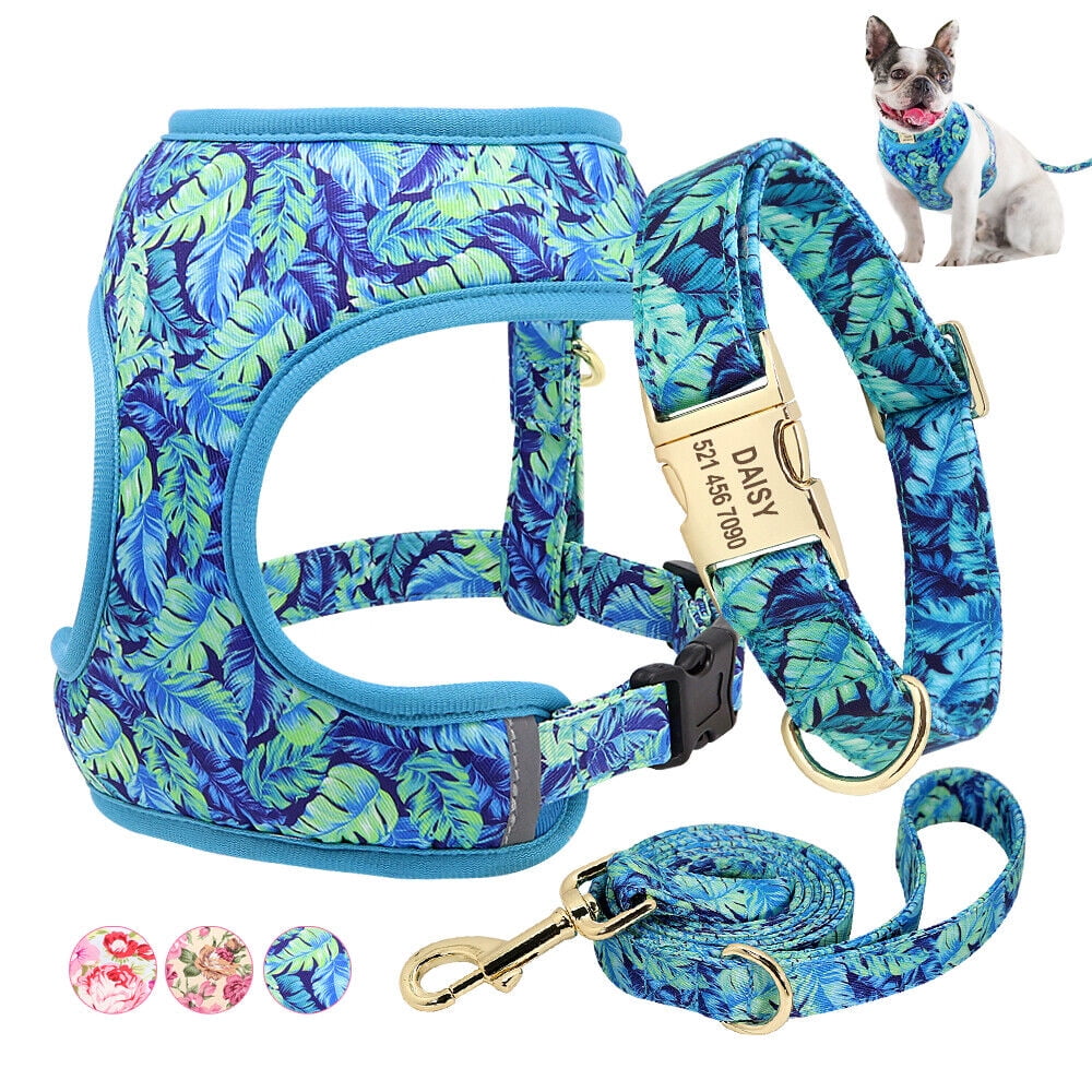 Pet Artist Floral Dog Harness Collar and Leash set With Custom Personalized Metal Buckle ID Nameplate