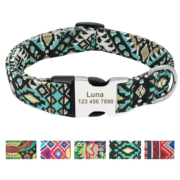 Pet Artist Floral Personalized Nylon Dog Collars for Small Large Dogs Name ID Tag Engraved