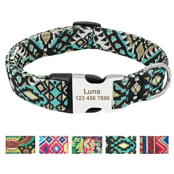 Pet Artist Floral Personalized Nylon Dog Collars for Small Large Dogs Name ID Tag Engraved