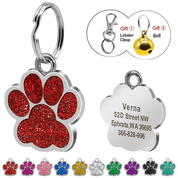 Pet Artist PAW Pet Dog Tags Glitter Personalized Cat Puppy ID Tag Collar Tags Engraved with Bell