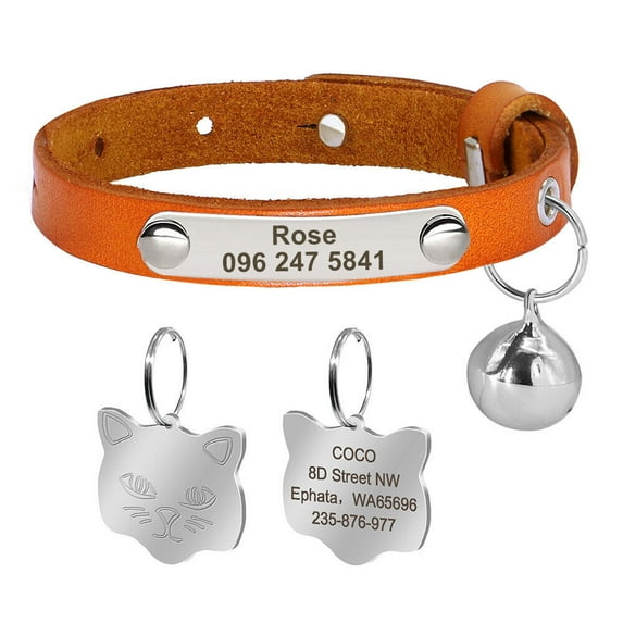 Pet Artist PU Leather Personalized Dog Cat Collar and Cat Face Tag with Bell Custom Name Engraved ID Tags