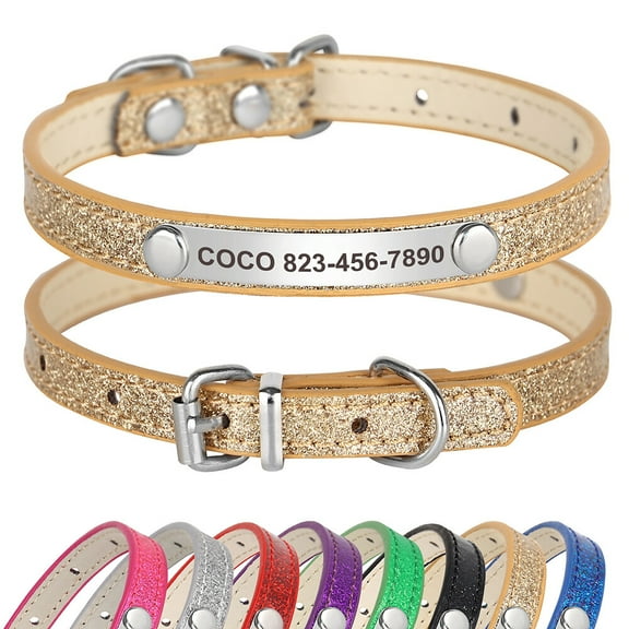 Pet Artist PU Leather Thin Bling Glitter Small Dog Collars for Puppy Cat Kitten Personalized Custom Pet Name Girl Boy