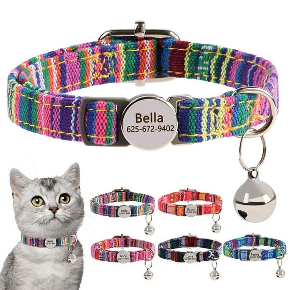 Pet Artist Personalized Breakaway Cat Collar & Bell Fabric Safety Release Puppy Name ID Tag