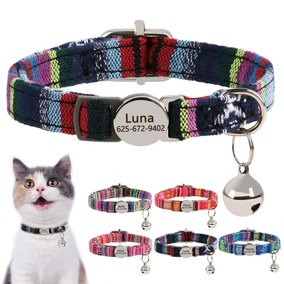 Pet Artist Personalized Breakaway Cat Collar & Bell Fabric Safety Release Puppy Name ID Tag